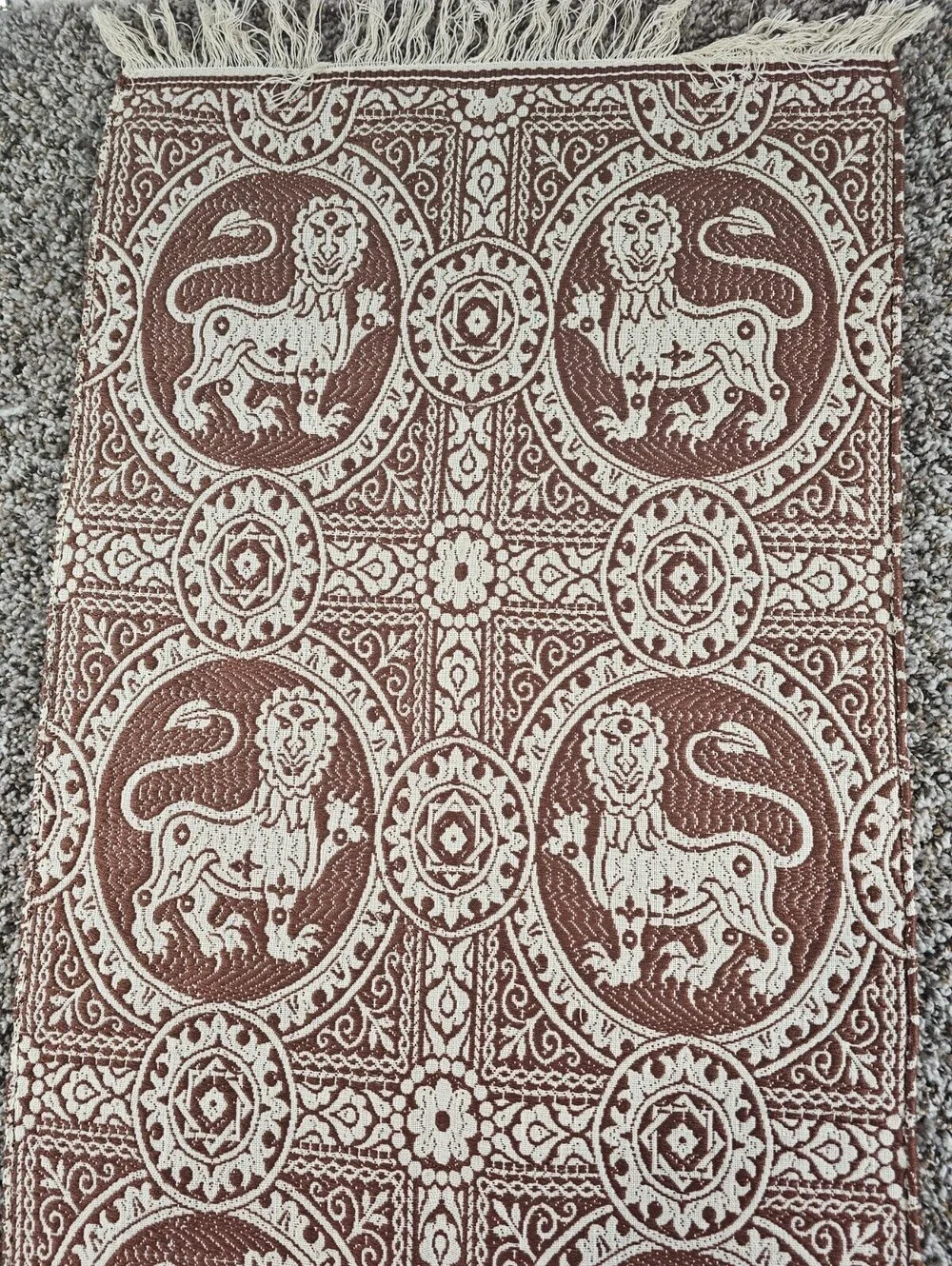 Vintage 1950s Woven Karabagh lion Table Runner Brown Cream Boho Indian 17x40